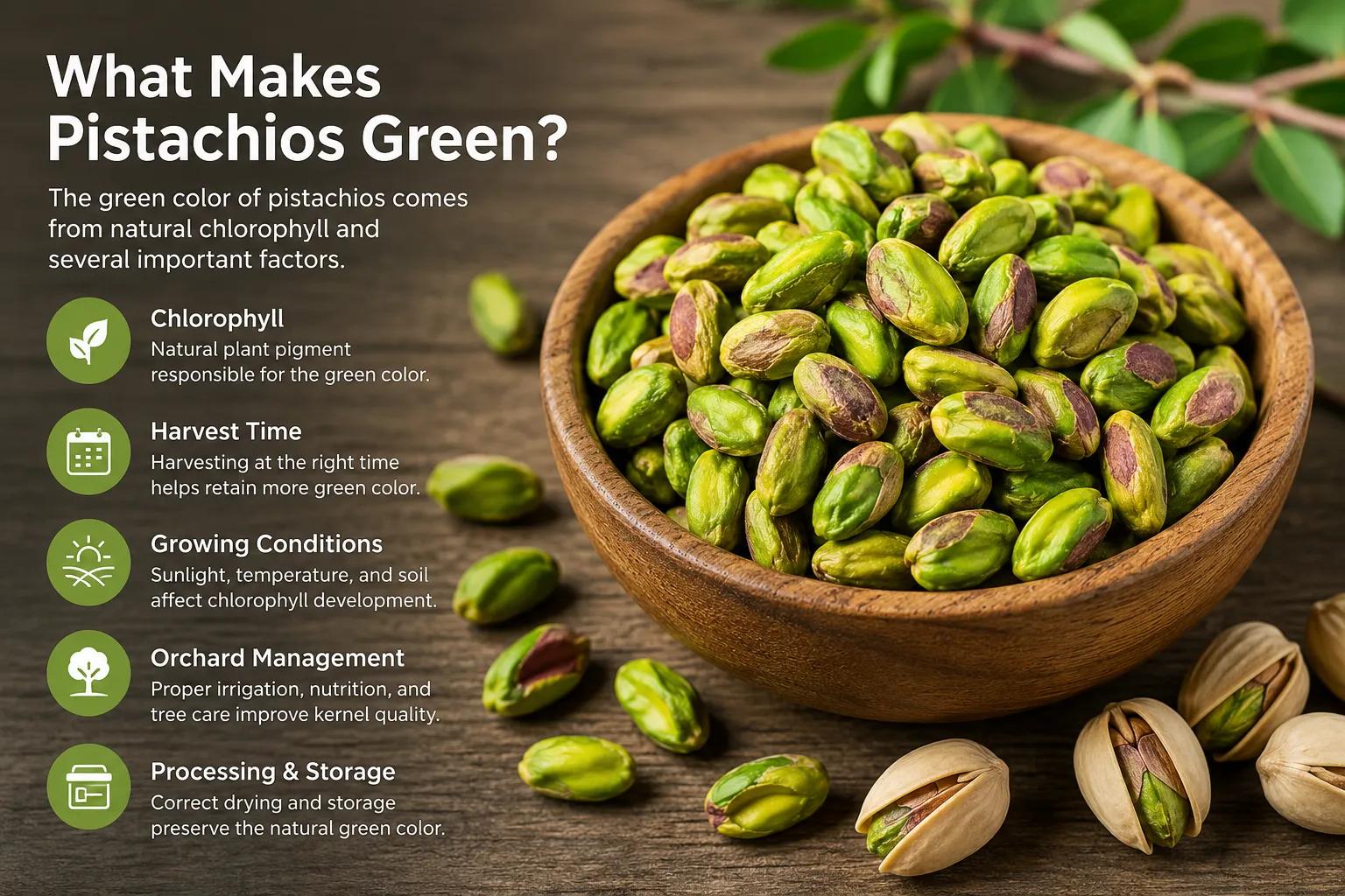 Green pistachio kernels showing natural chlorophyll pigmentation
